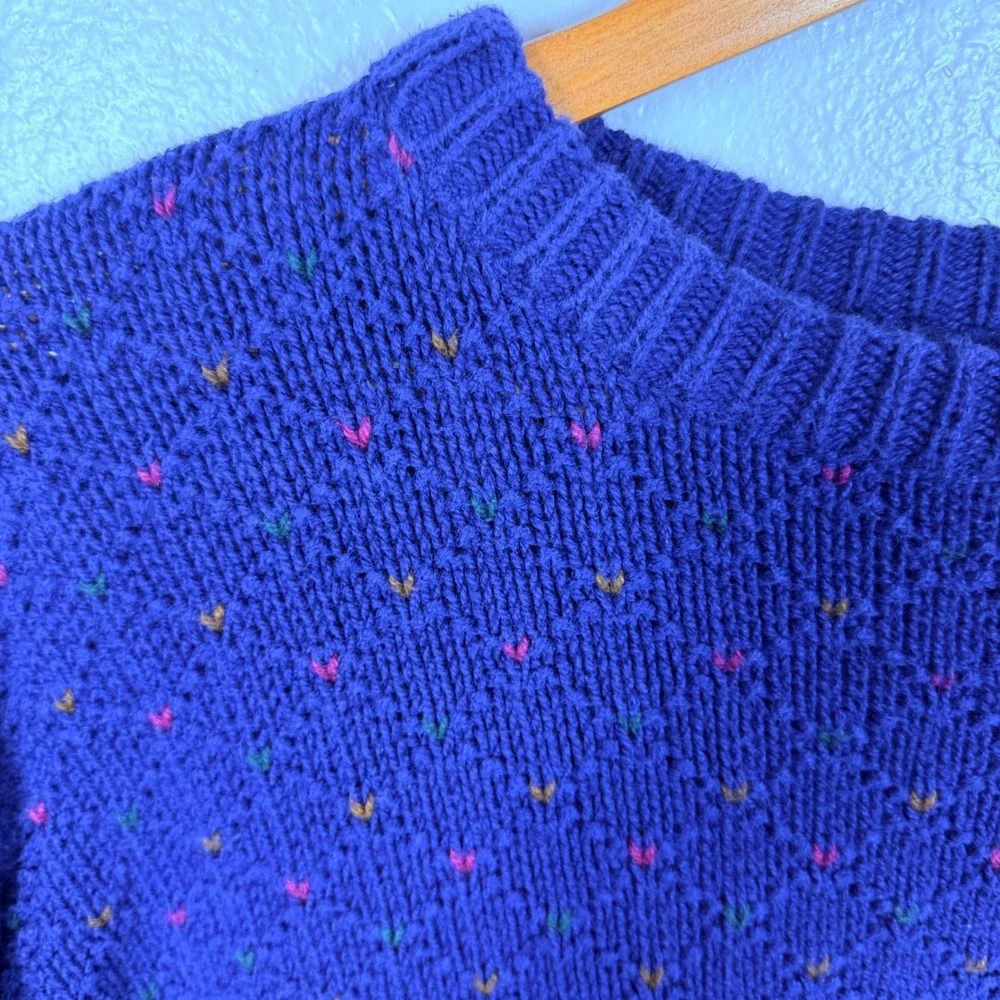 REI Sweater Women Large Blue Pointelle Knit Vintage Crewneck Pullover USA